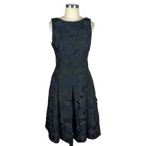 BADGLEY MISCHKA Black Blue Floral Lace Fit and Flare Midi Dress Women's 6 Glam